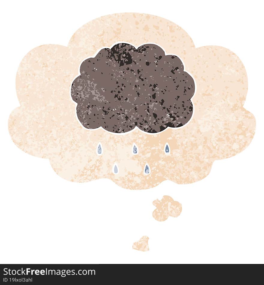 Cartoon Cloud Raining And Thought Bubble In Retro Textured Style