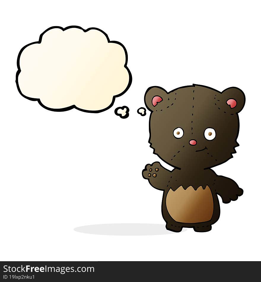 cartoon little black bear waving with thought bubble