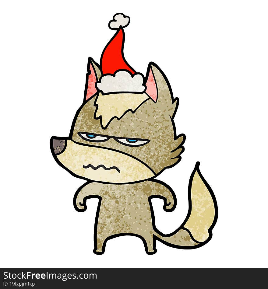 textured cartoon of a annoyed wolf wearing santa hat