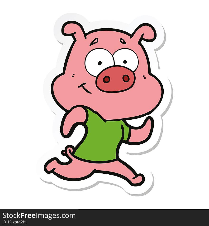 sticker of a happy cartoon pig running