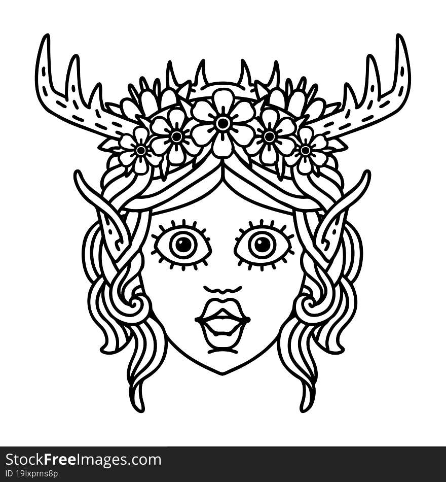 Black and White Tattoo linework Style elf druid character face. Black and White Tattoo linework Style elf druid character face