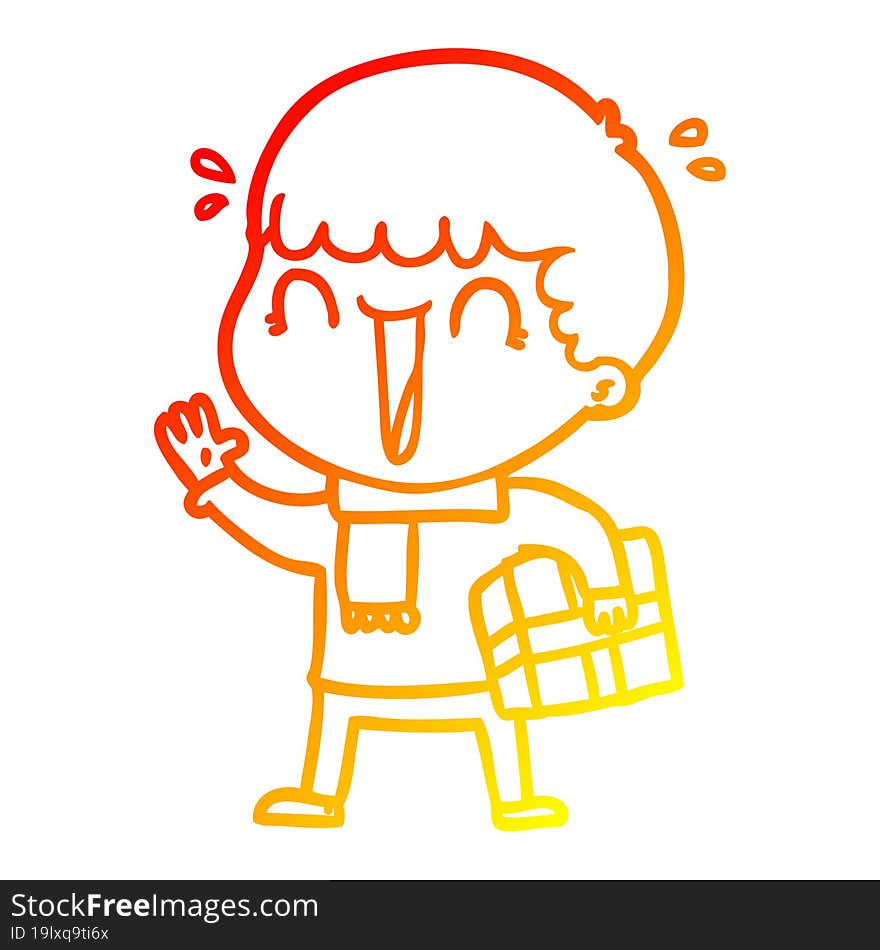 warm gradient line drawing of a laughing cartoon man with present