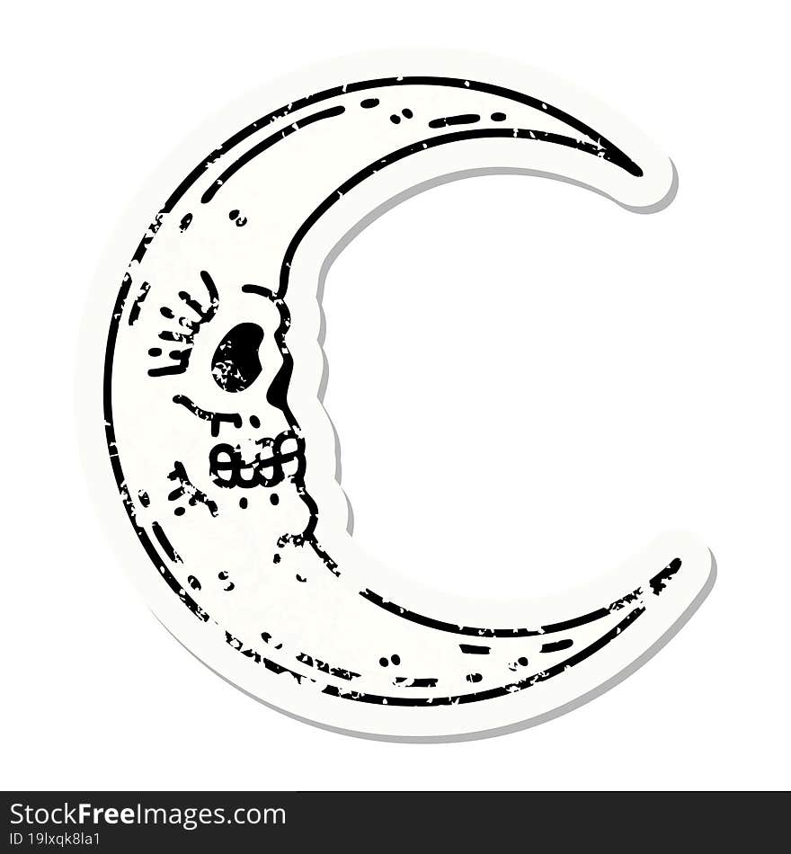 traditional distressed sticker tattoo of a skull moon