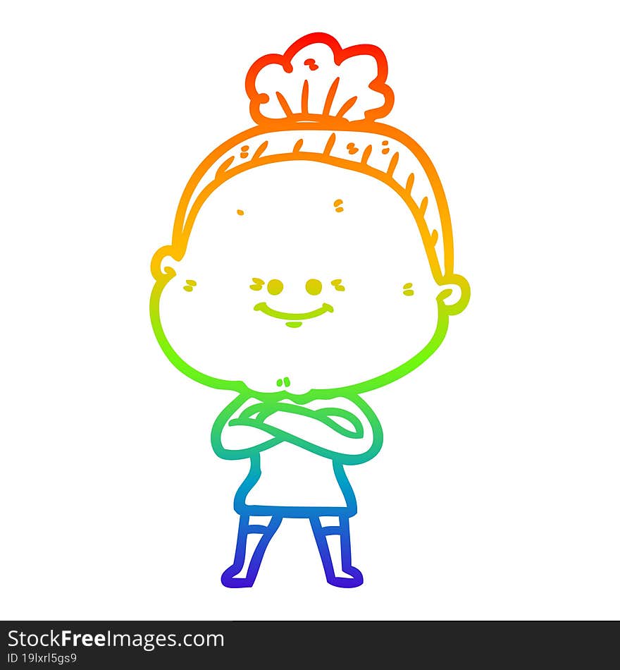 rainbow gradient line drawing of a cartoon happy old woman