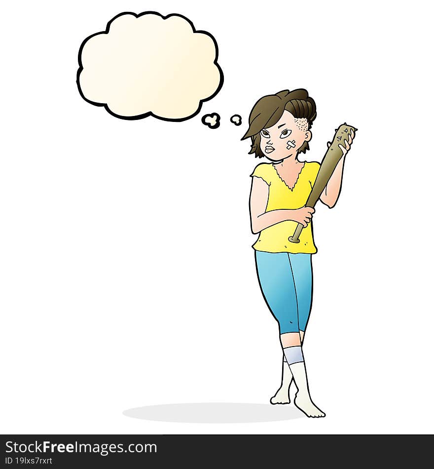 Cartoon Pretty Punk Girl With Baseball Bat With Thought Bubble