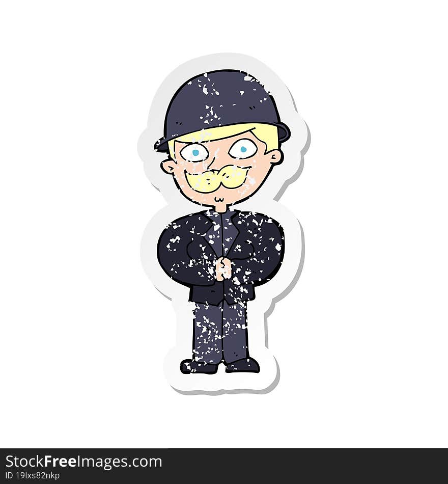 Retro Distressed Sticker Of A Cartoon Man In Bowler Hat