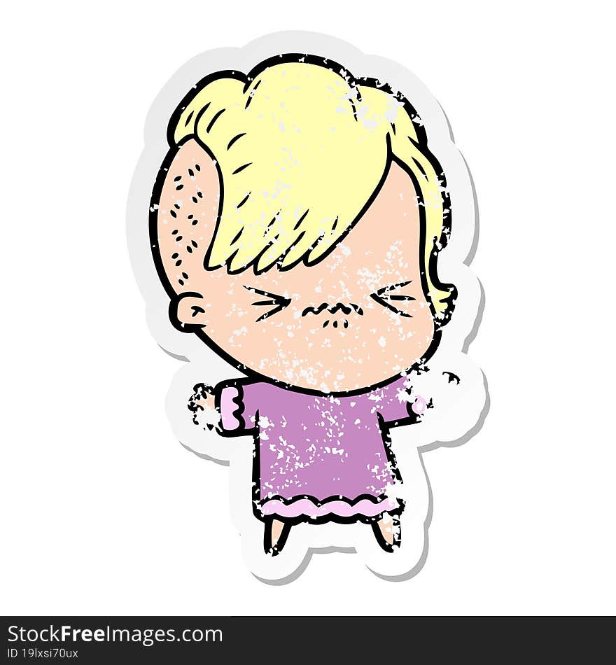 Distressed Sticker Of A Cartoon Annoyed Hipster Girl