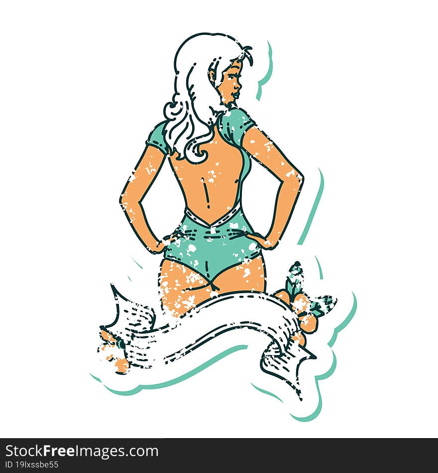 distressed sticker tattoo in traditional style of a pinup swimsuit girl with banner. distressed sticker tattoo in traditional style of a pinup swimsuit girl with banner