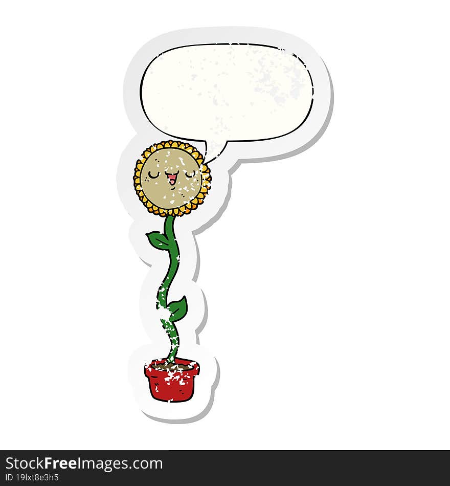 Cartoon Sunflower And Speech Bubble Distressed Sticker