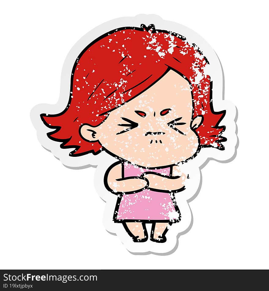 Distressed Sticker Of A Cartoon Angry Girl