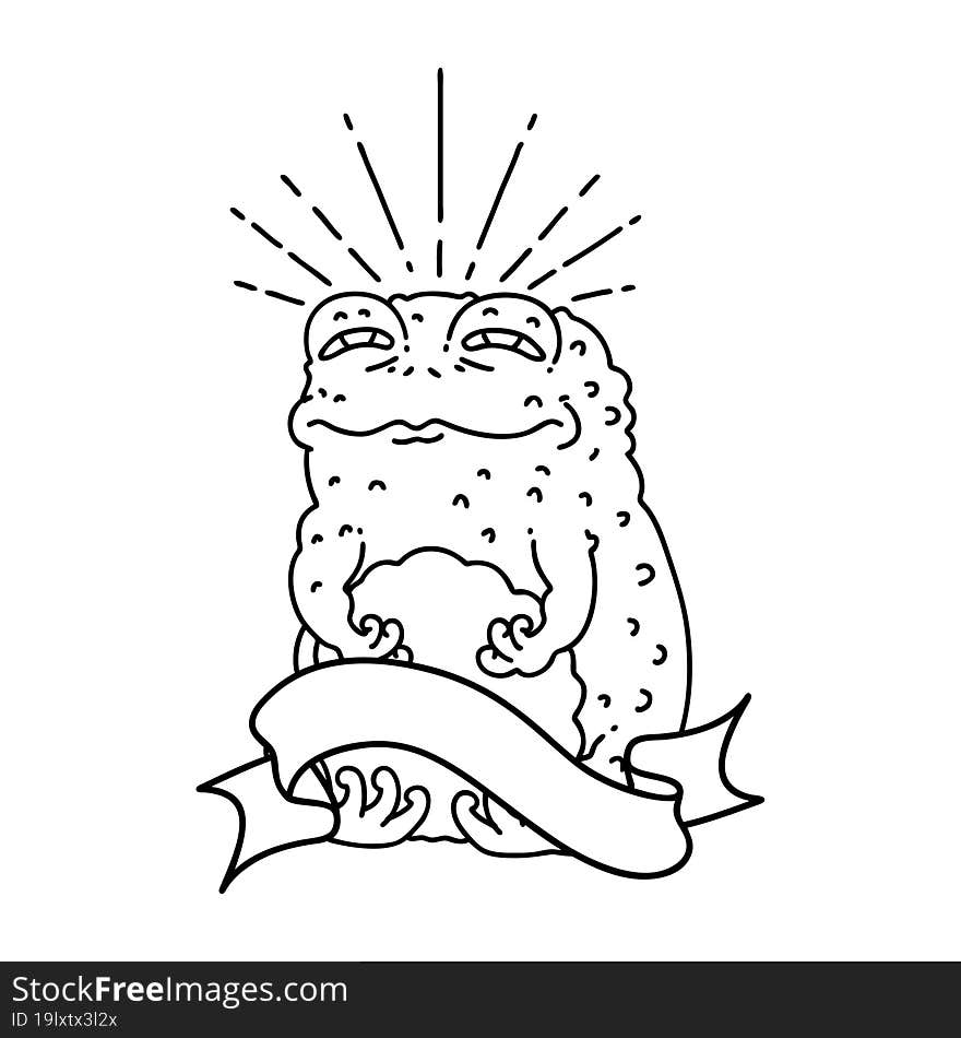 banner with black line work tattoo style toad character