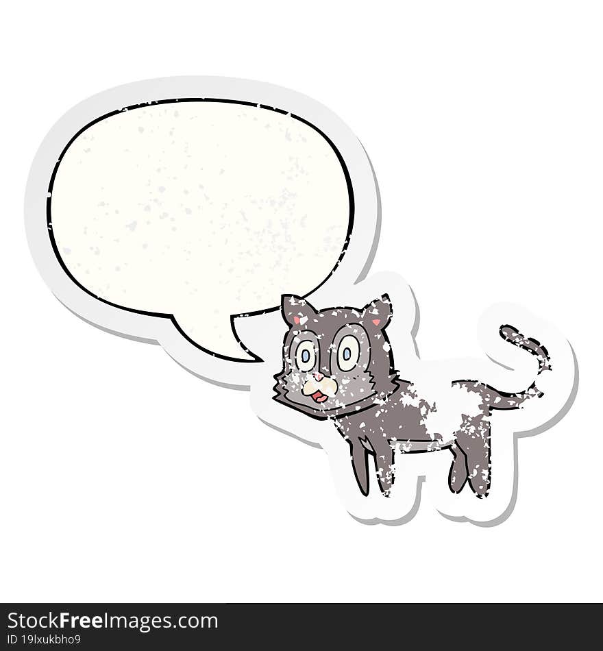 Happy Cartoon Cat And Speech Bubble Distressed Sticker