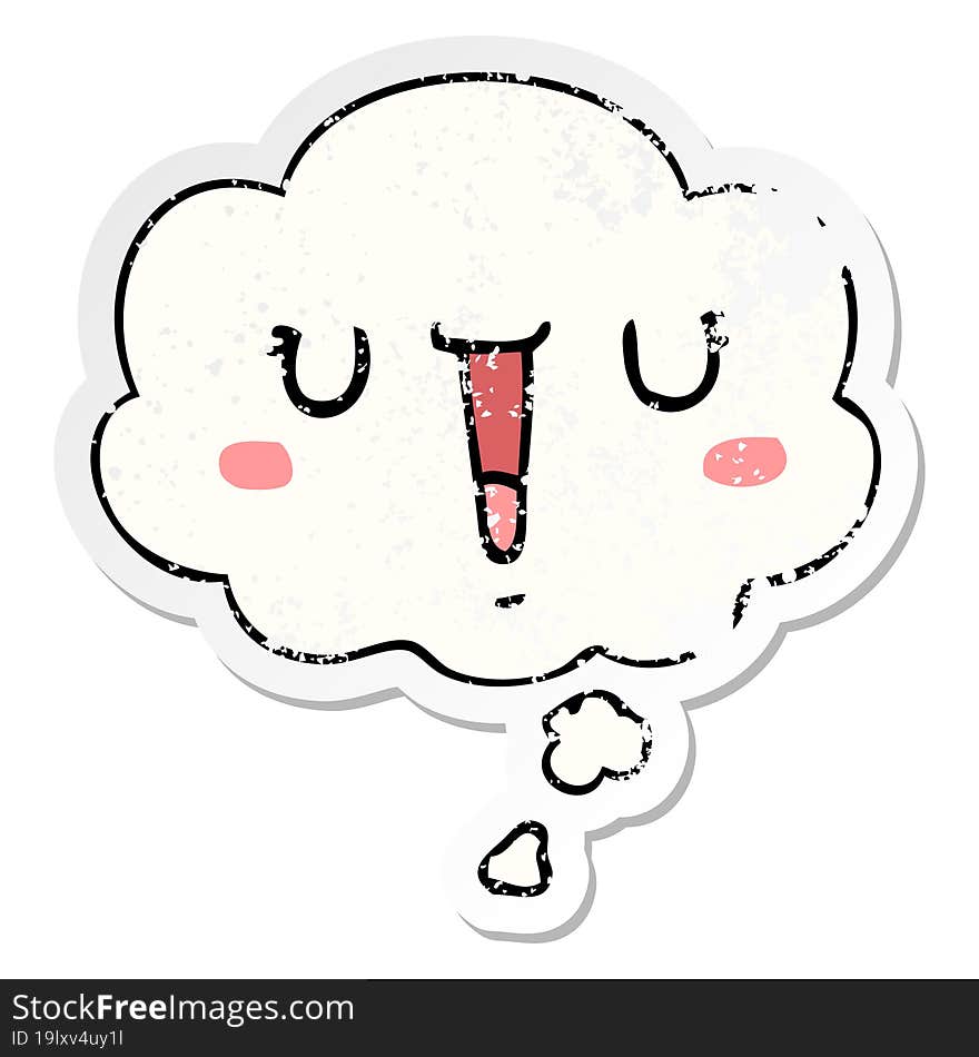 happy cartoon face with thought bubble as a distressed worn sticker