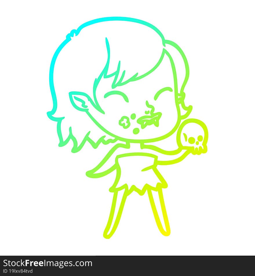 cold gradient line drawing cartoon vampire girl with blood on cheek