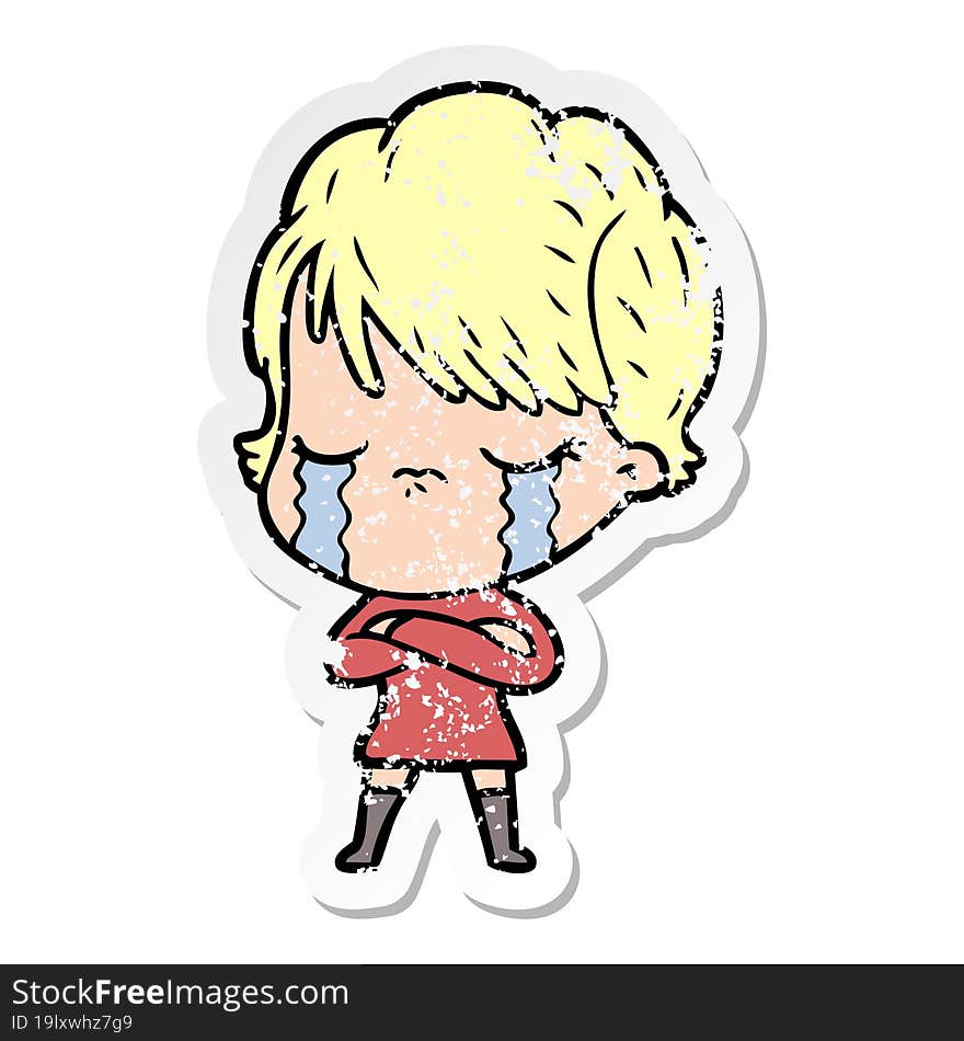 distressed sticker of a cartoon woman crying