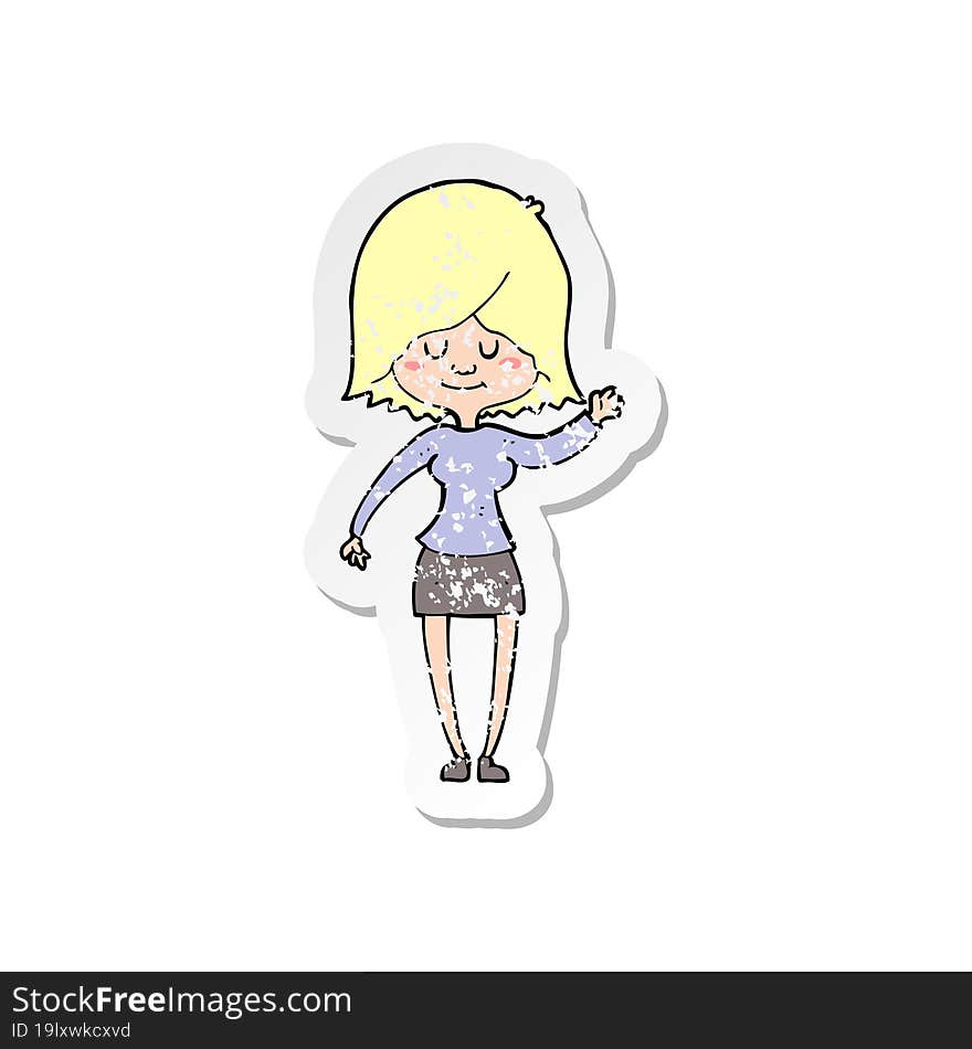 retro distressed sticker of a cartoon happy woman