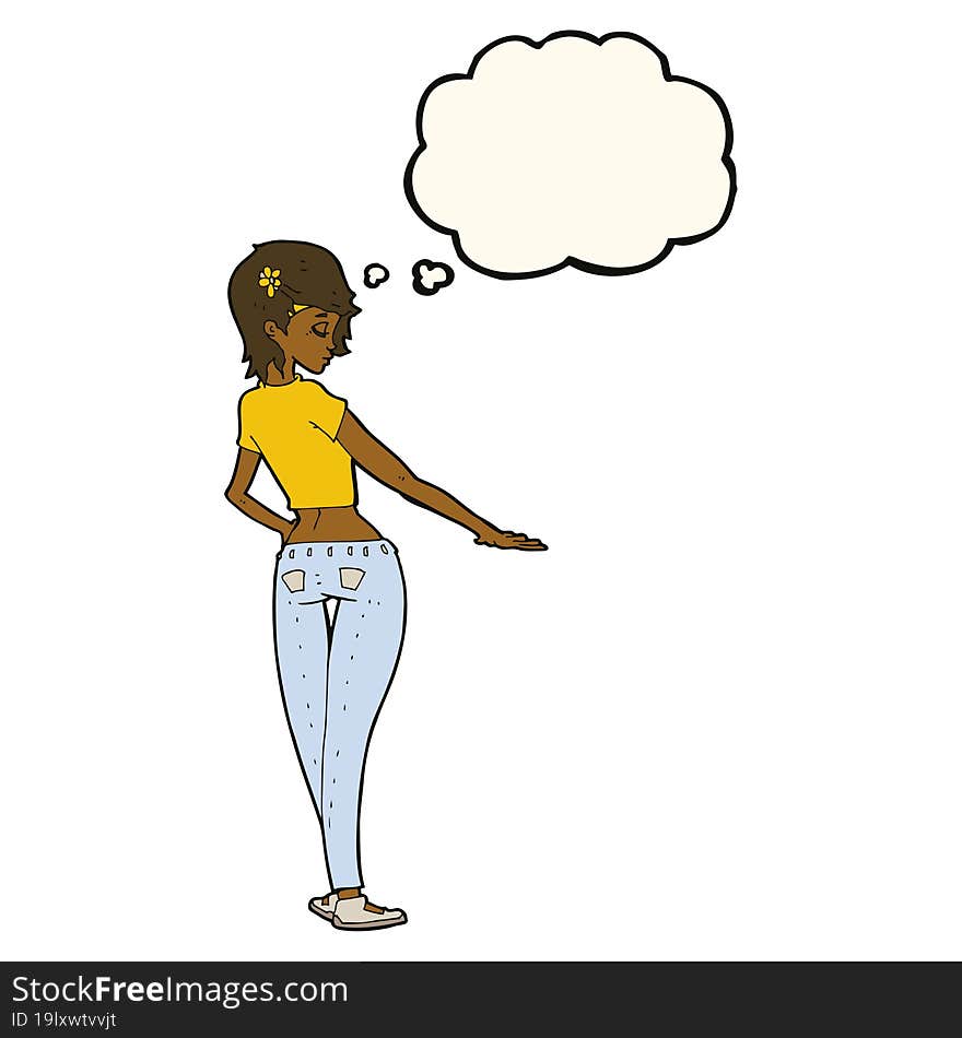 cartoon pretty girl in jeans and tee with thought bubble