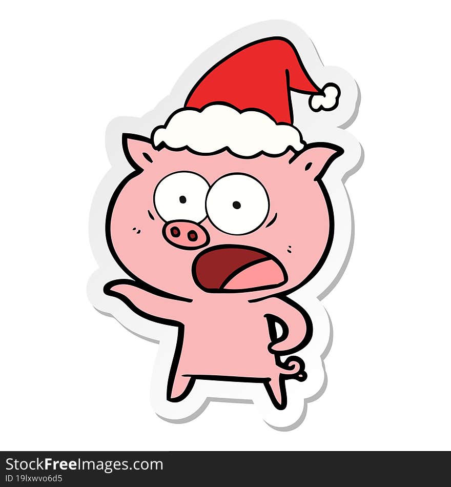 Sticker Cartoon Of A Pig Shouting Wearing Santa Hat