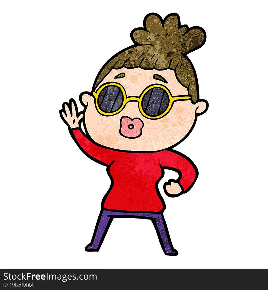 cartoon waving woman wearing sunglasses. cartoon waving woman wearing sunglasses