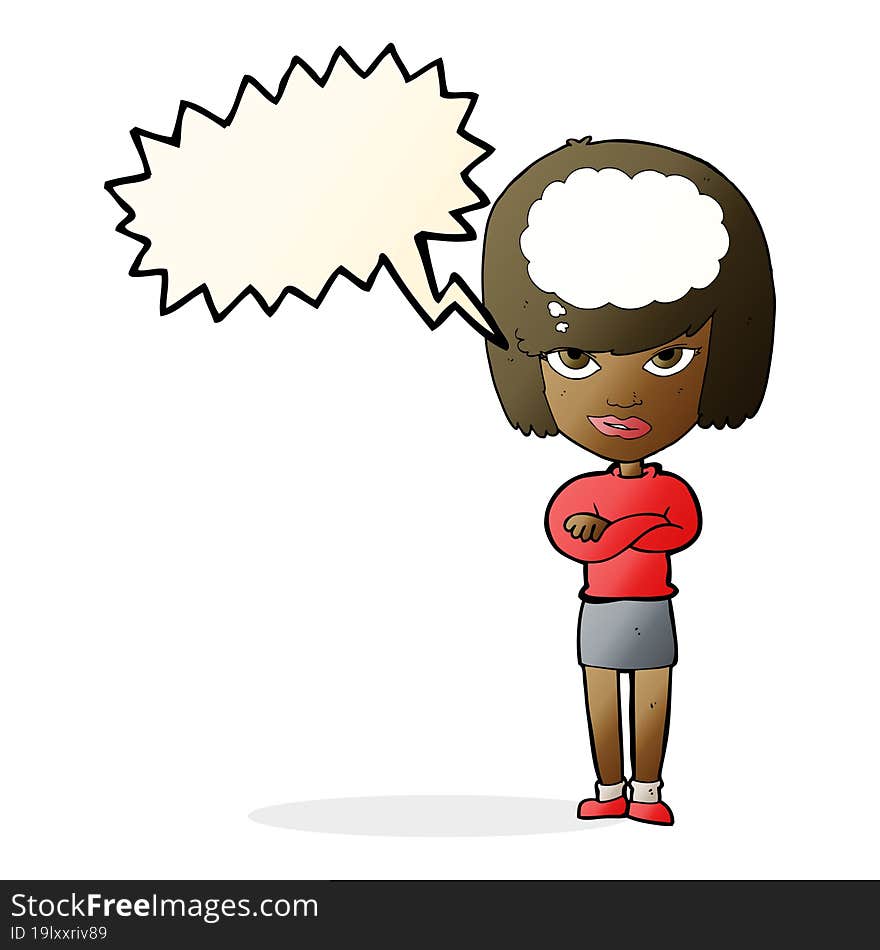 cartoon woman with folded arms imagining with speech bubble