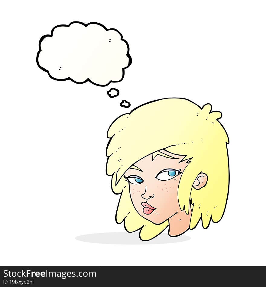 cartoon curious woman with thought bubble