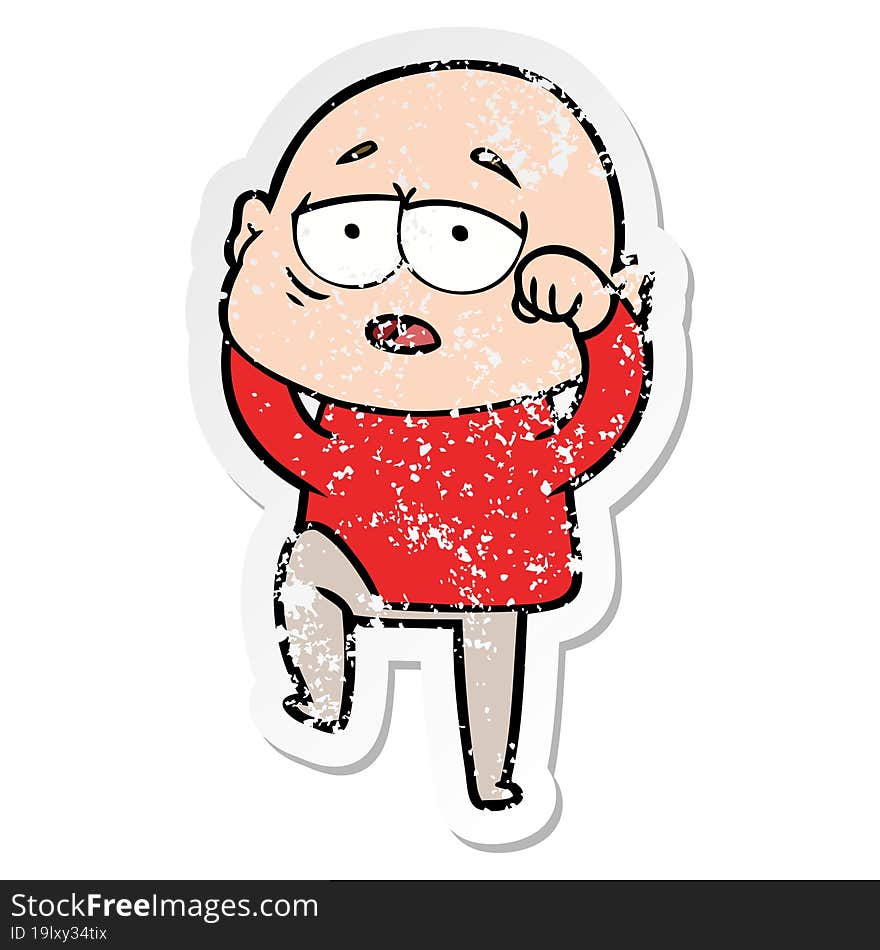 distressed sticker of a cartoon tired bald man