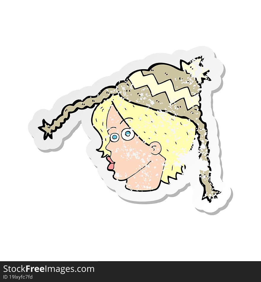 retro distressed sticker of a cartoon woman wearing winter hat