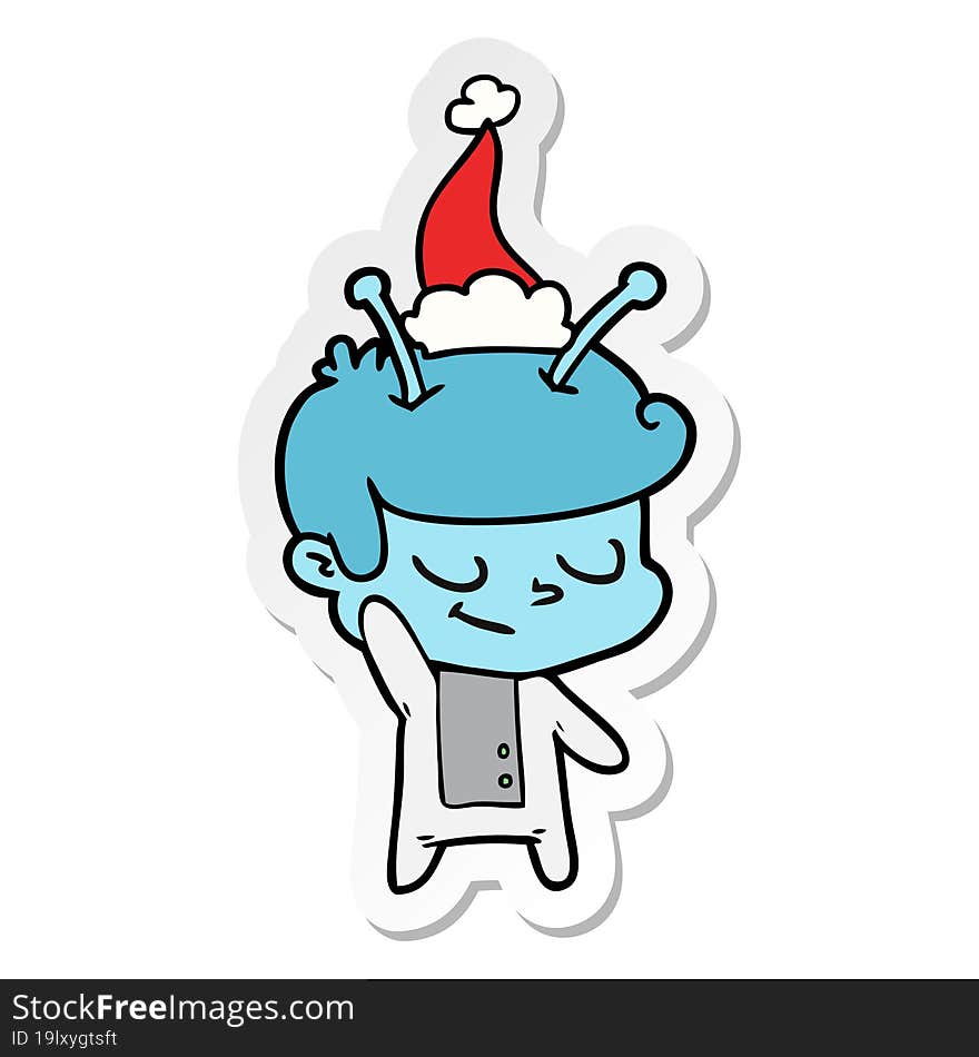 friendly sticker cartoon of a spaceman wearing santa hat