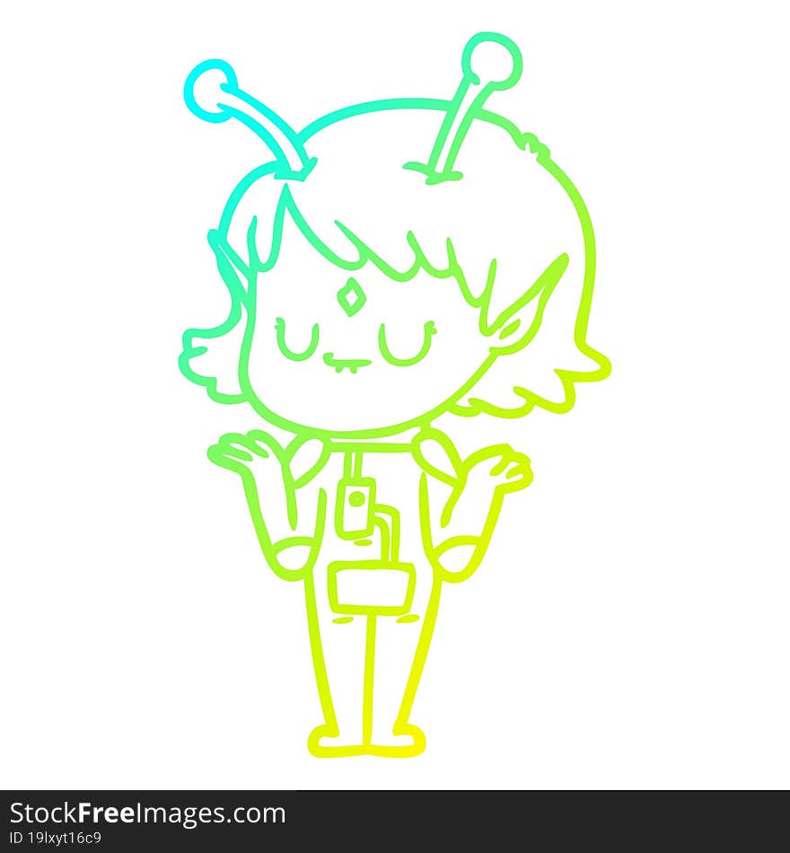 cold gradient line drawing of a cartoon alien girl