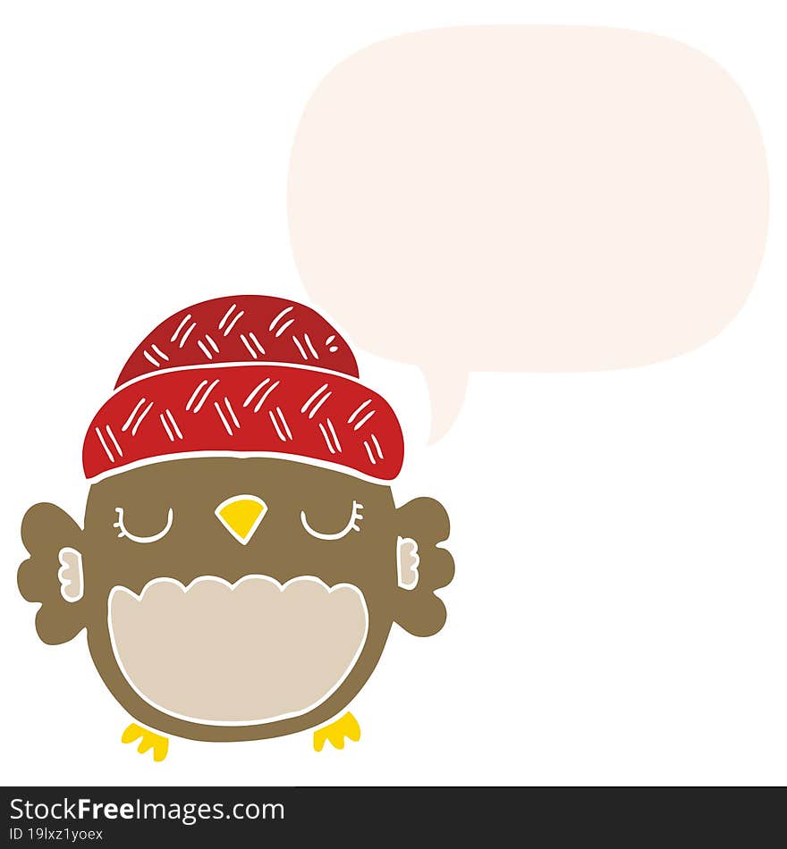 cute cartoon owl in hat and speech bubble in retro style