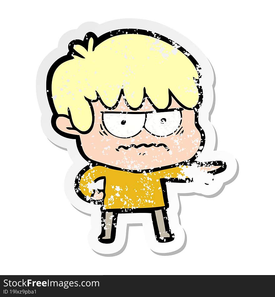 distressed sticker of a annoyed cartoon boy