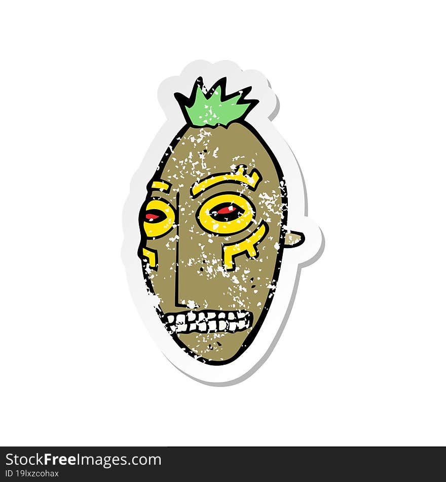 retro distressed sticker of a cartoon tribal mask