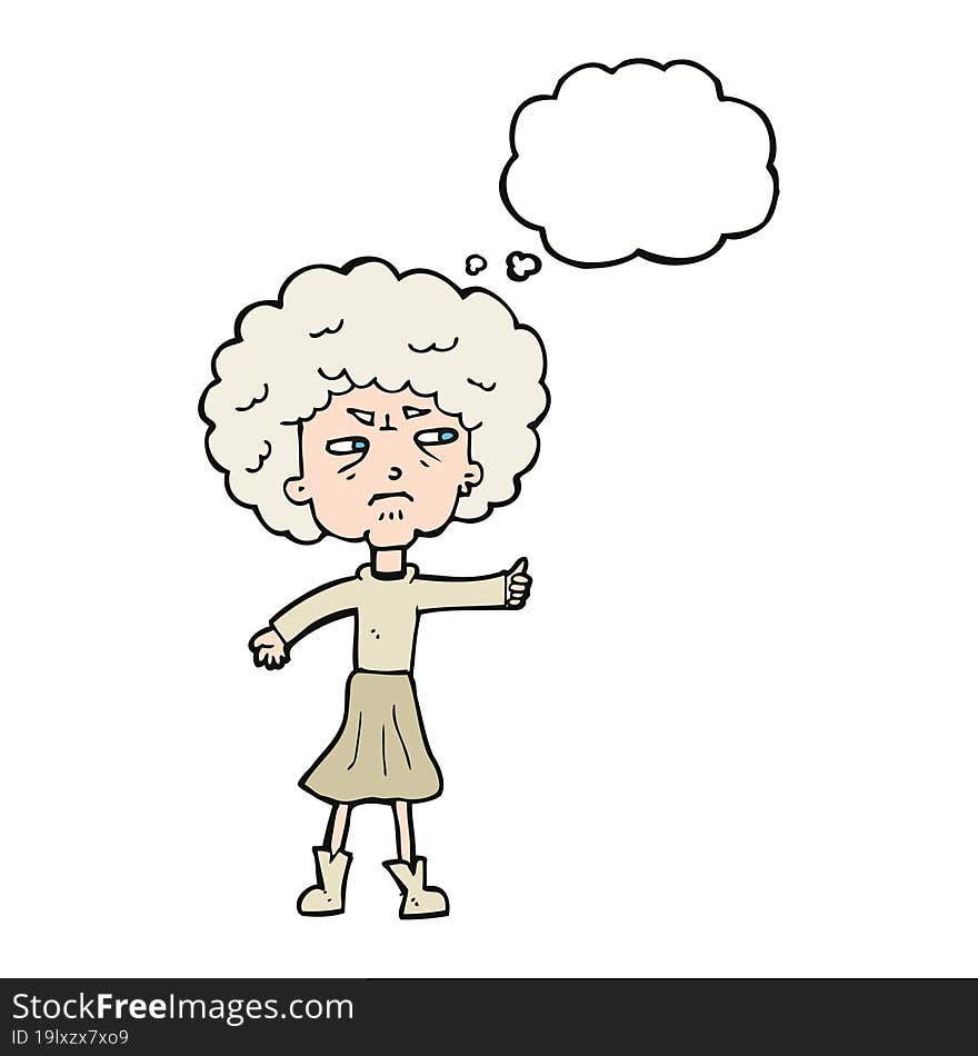 cartoon annoyed old woman with thought bubble