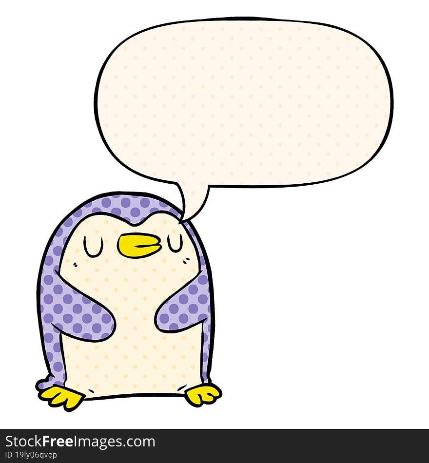 cartoon penguin and speech bubble in comic book style