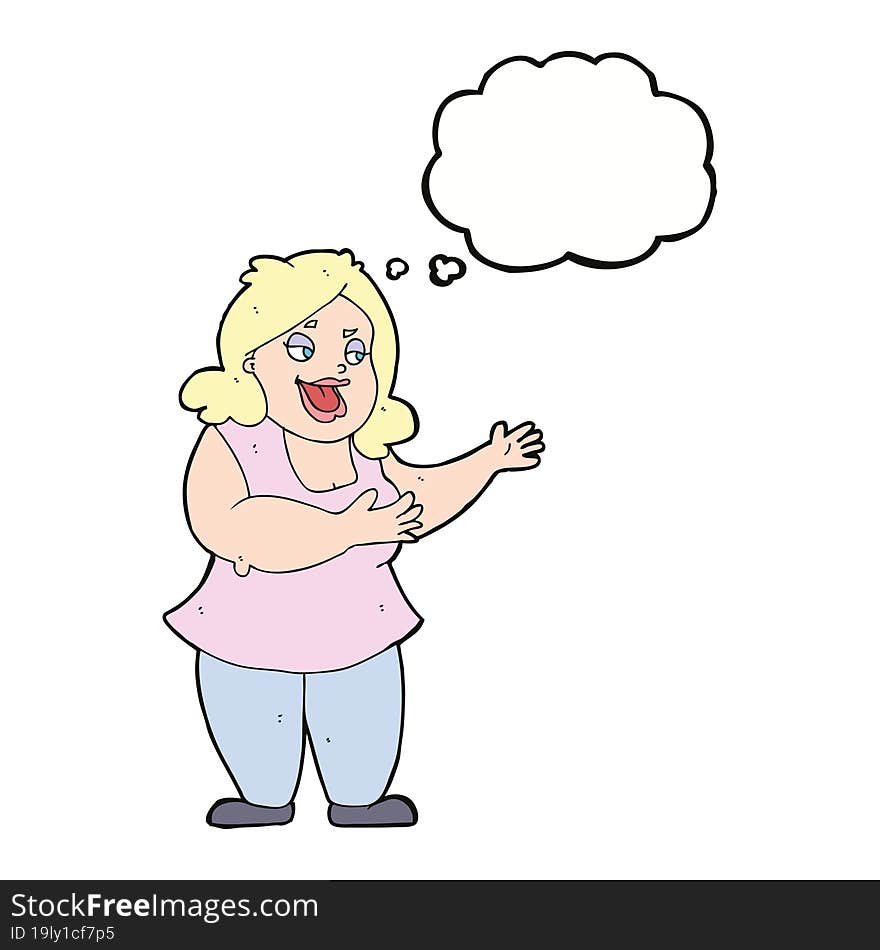 cartoon happy fat woman with thought bubble