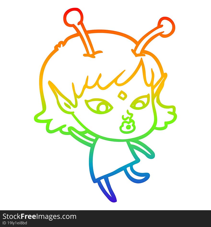 rainbow gradient line drawing pretty cartoon alien girl dancing