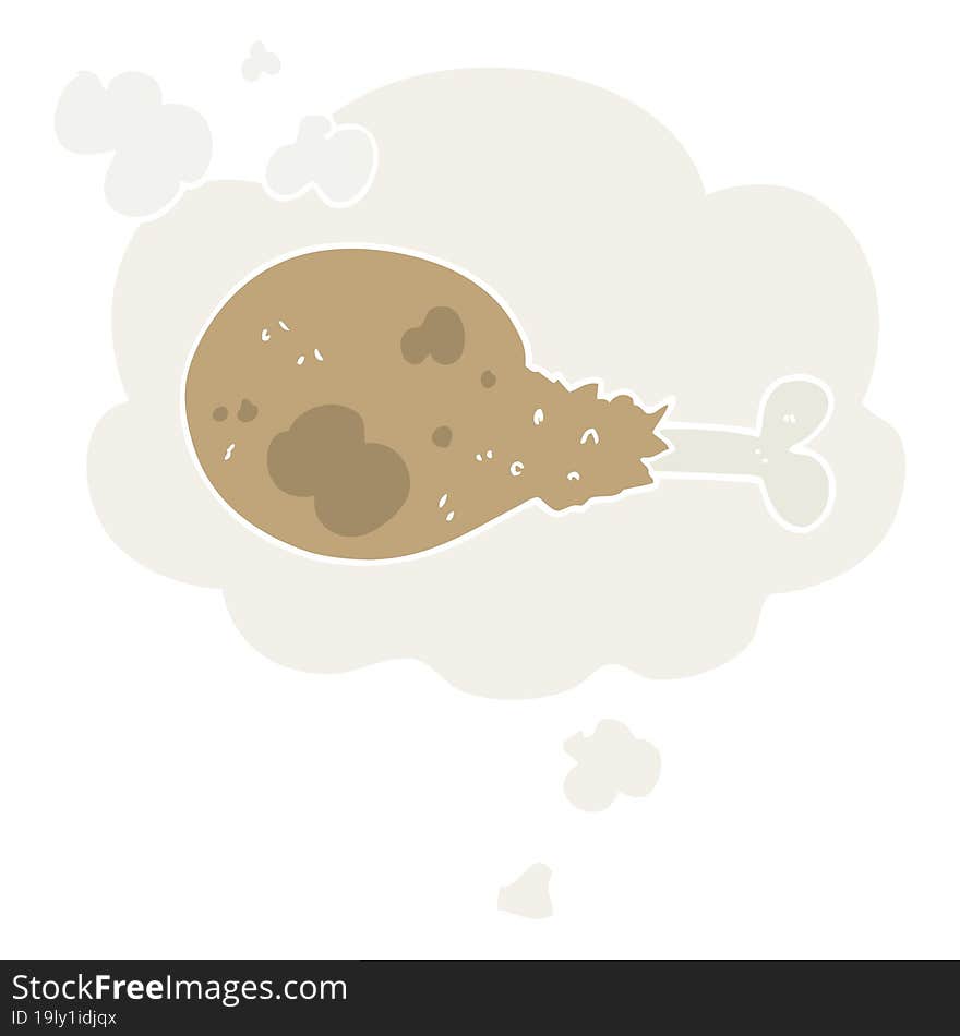 cartoon cooked chicken leg with thought bubble in retro style