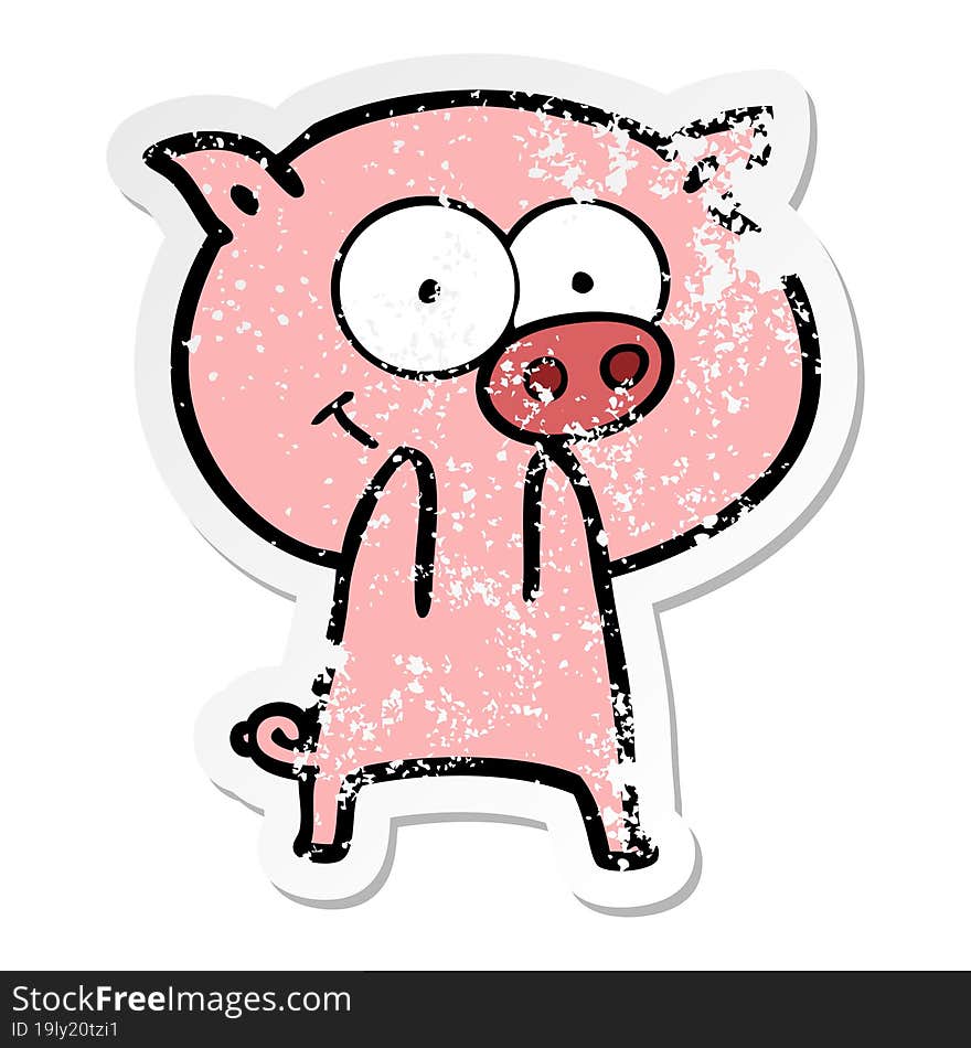 distressed sticker of a cheerful pig cartoon