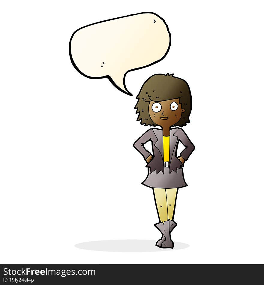 cartoon girl in jacket with speech bubble