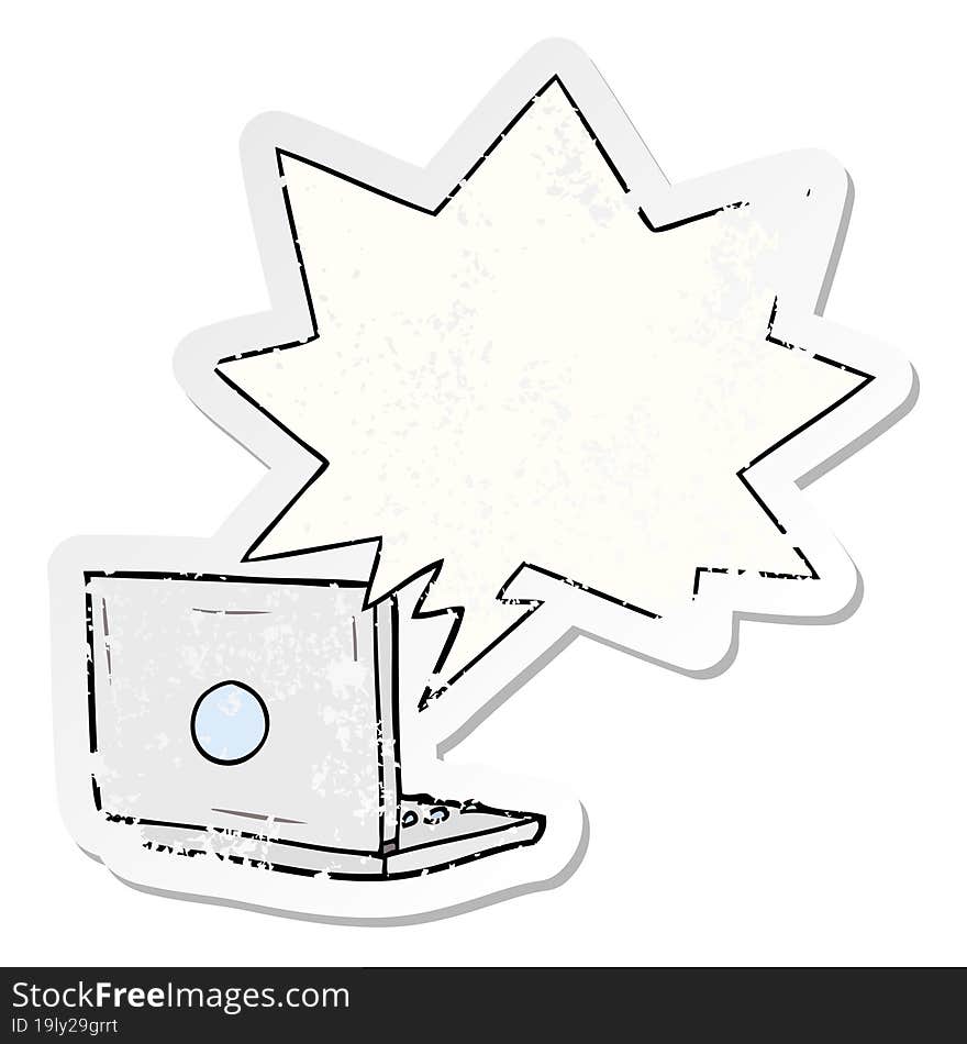 cartoon laptop computer and speech bubble distressed sticker