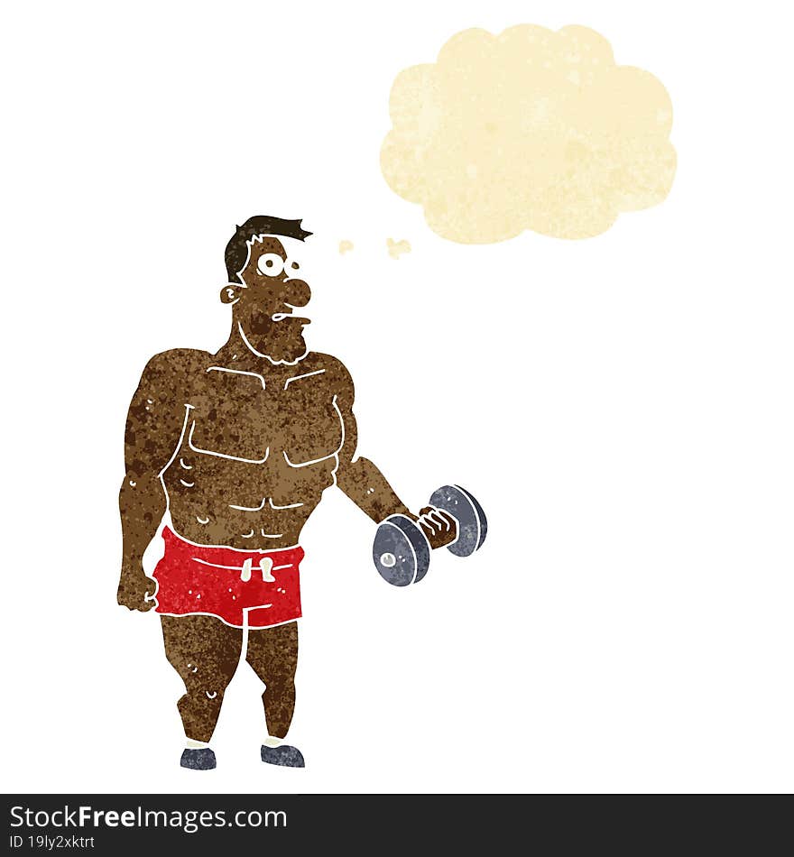 cartoon man lifting weights with thought bubble