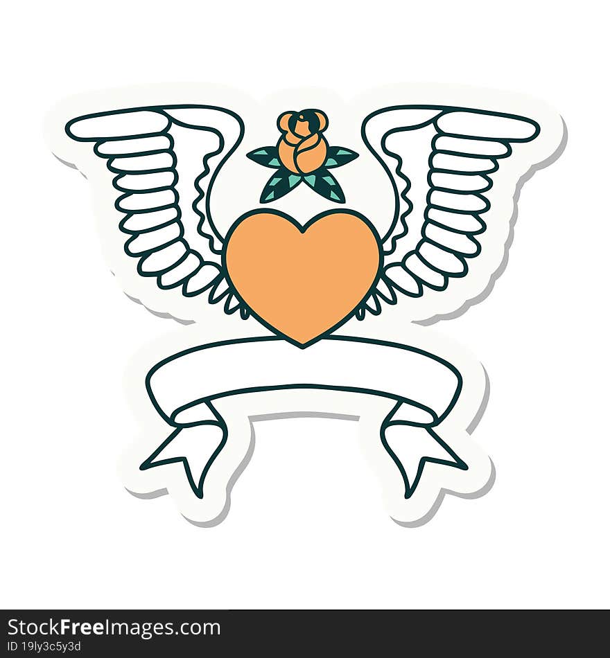 tattoo style sticker with banner of a heart with wings