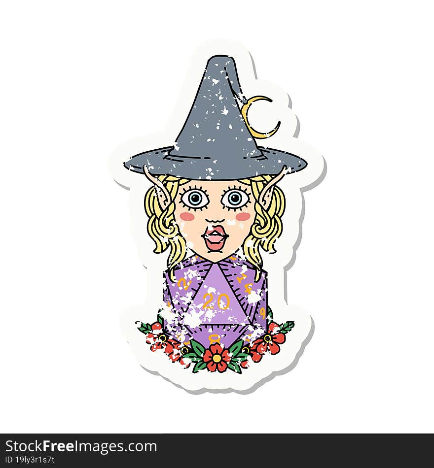 elf mage character with natural twenty dice roll grunge sticker