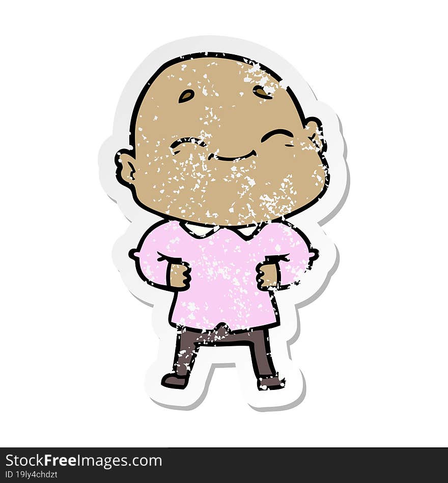 distressed sticker of a cartoon happy bald man