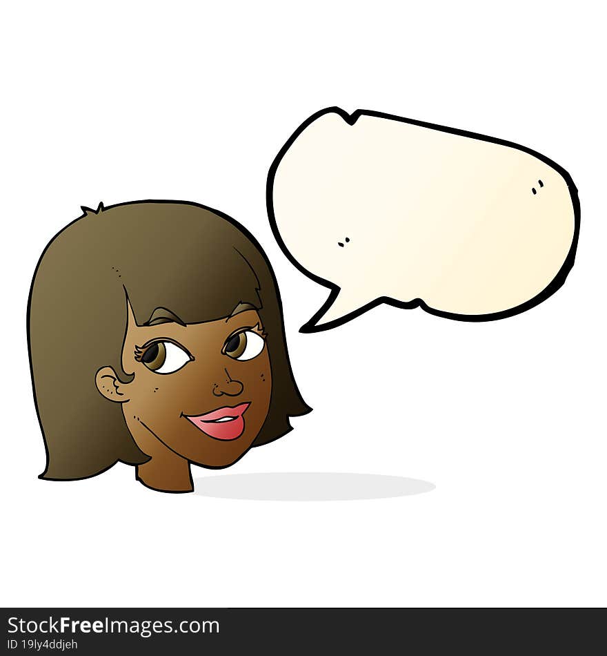 cartoon happy female face with speech bubble