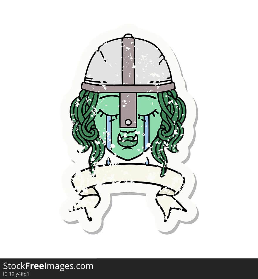 grunge sticker of a crying orc fighter character face. grunge sticker of a crying orc fighter character face