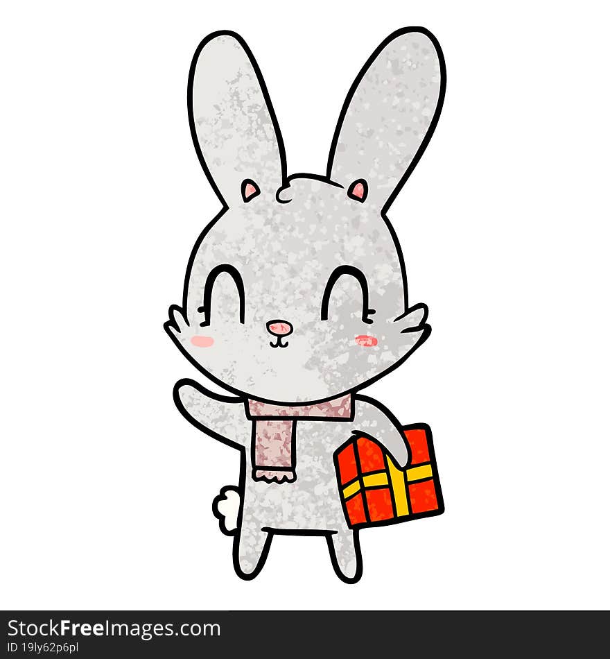 cute cartoon rabbit with christmas present. cute cartoon rabbit with christmas present