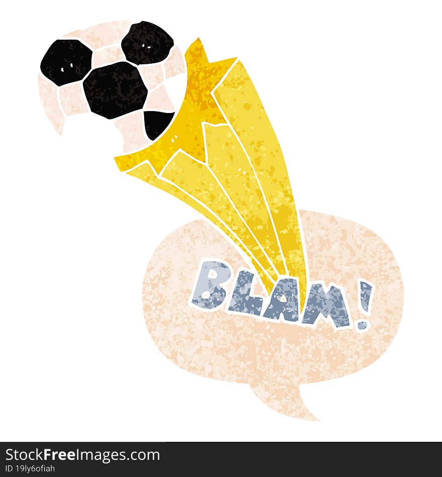 cartoon kicked soccer ball and speech bubble in retro textured style