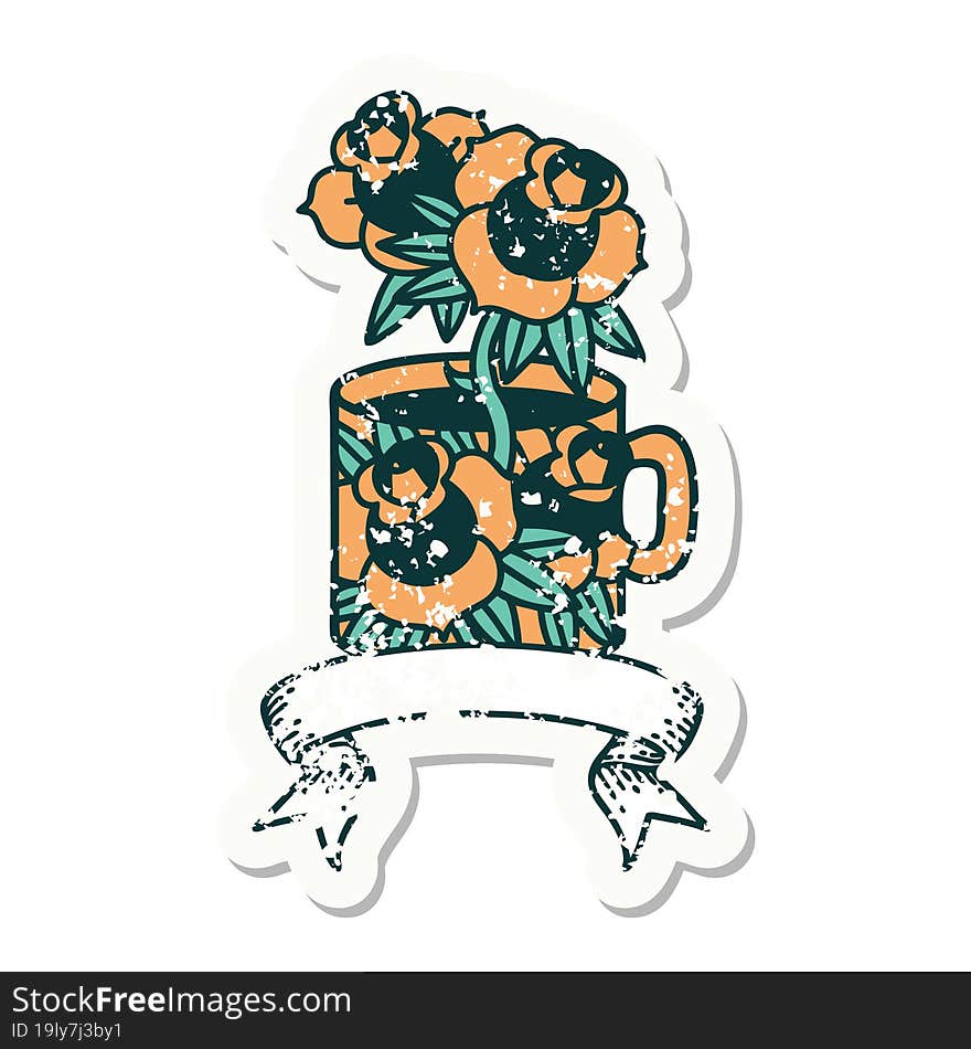 Grunge Sticker With Banner Of A Cup And Flowers