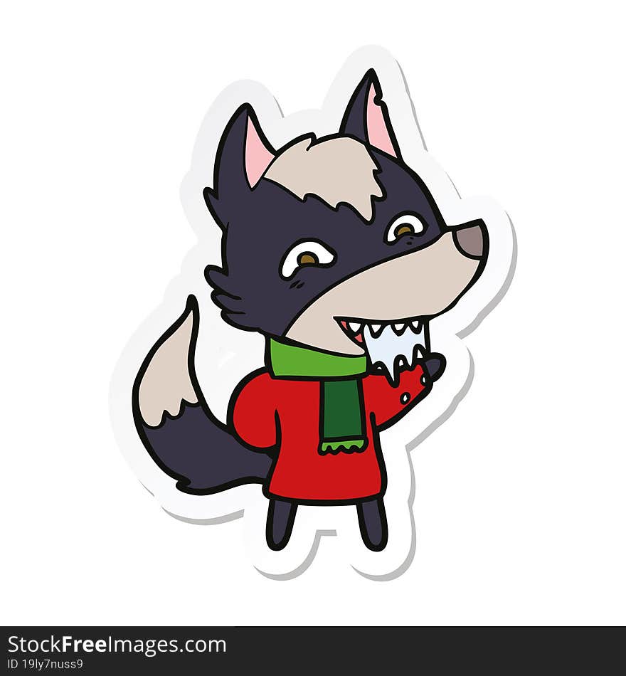 sticker of a cartoon hungry wolf in winter clothes